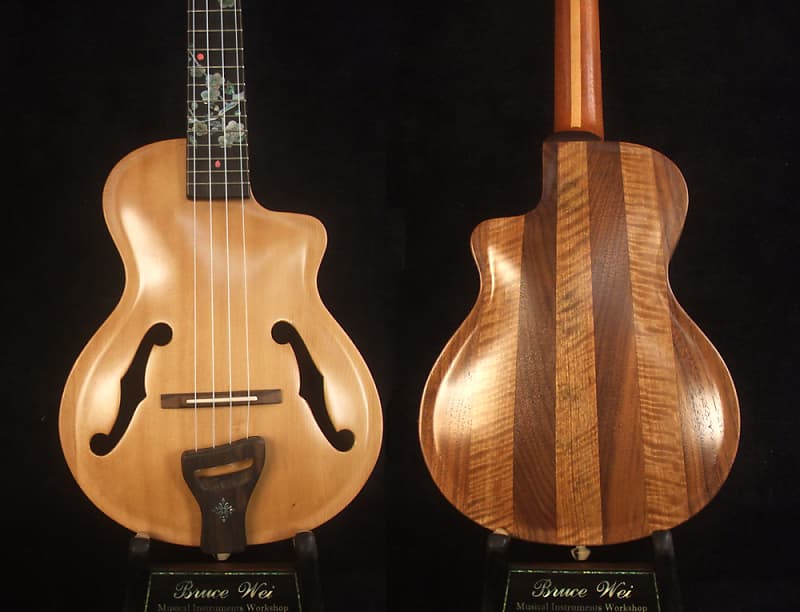 Bruce Wei Carved ARCHTOP Solid Spruce, Curly Maple, Walnut Tenor Ukulele, Floral Inlay UAC17-2037 image 1