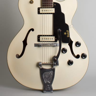 Guild  Starfire III White Thinline Hollow Body Electric Guitar (1964), ser. #28965, original black hard shell case. image 3