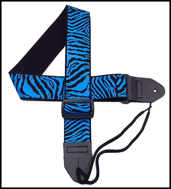 Legacystraps  Zebra  2" Cotton Guitar Strap with Bright Blue Zebra Stripes on a Black Strap image 1