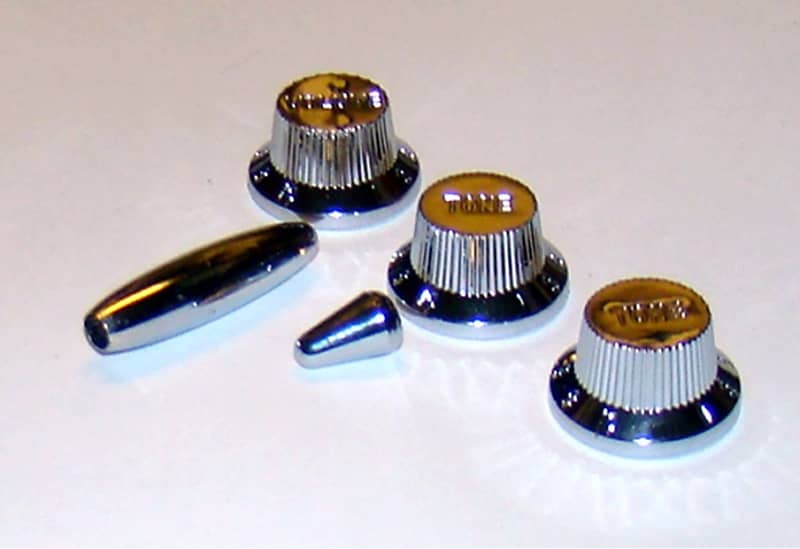 Strat Knob Set, Chrome Finish, With Switch and Tremolo tips Reverb
