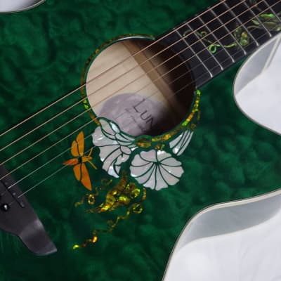 LUNA Flora Moonflower Custom folk Acoustic GUITAR new Blue Green w/ Hard Case - FISHMAN image 4