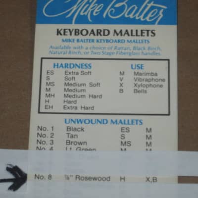 one pair new old stock (but ONE head has visible impressions) Mike Balter MB8B (8B) Hard Keyboard Mallets, 7/8" rosewood round HEADS and natural birch HANDLES - mid to late 1990s (+ packaging) Unwound Series image 6