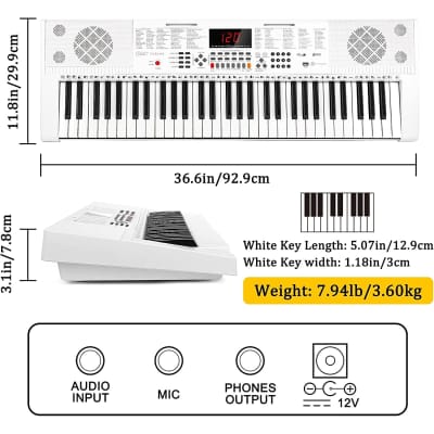 Keyboard Piano With 61 Lighted Keys, Full-Size Electric Piano Keyboard For Beginner Kids Teens Adults With Stand, Microphone, 3 Teaching Modes, Usb Port, White image 5