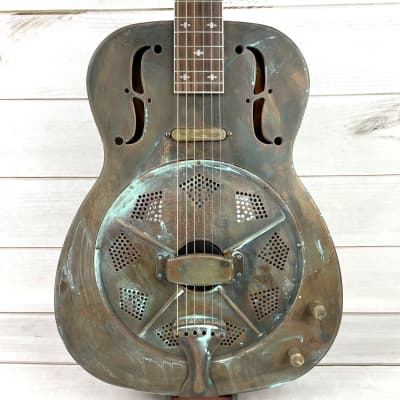 Royall FB Blues Hound Distressed Relic Brass Finish 14 Fret Single Cone Resonator With Pickup image 1