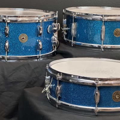 Gretsch Round Badge Blue Sparkle snare drum trio 4x14, 5.5x14, 6.5x14 image 1