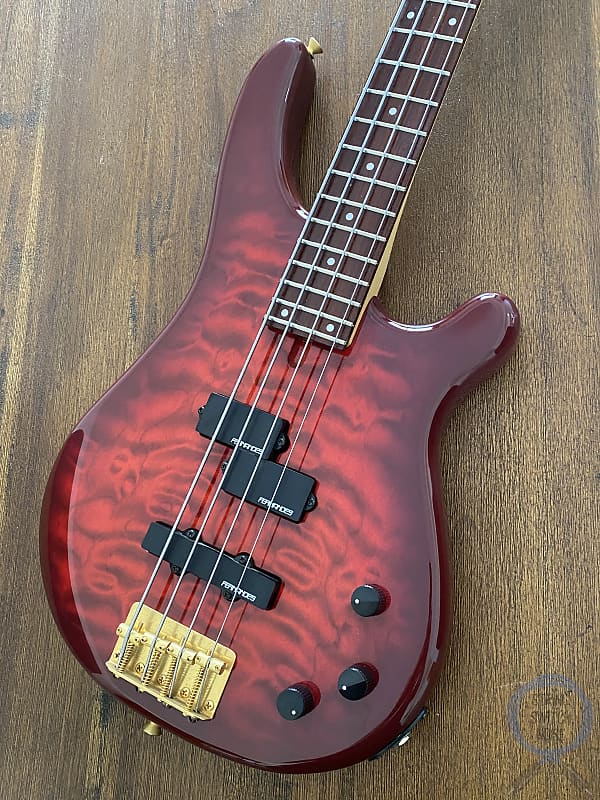 Fernandes Revolver Bass, FRB-40, 1990s - Quilted Red Burst