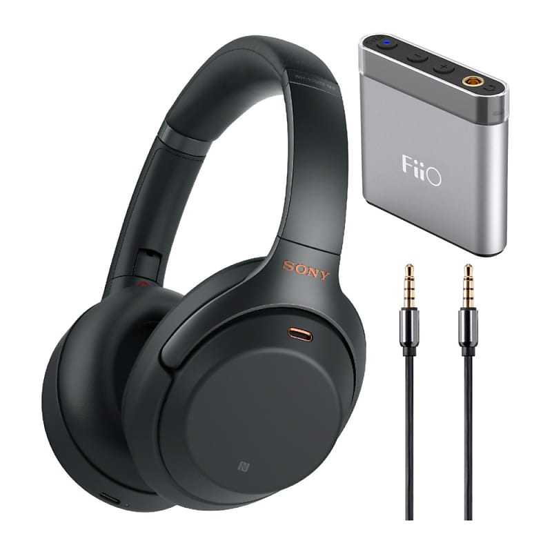 Sony WH1000XM3 Wireless Noise Canceling Over Ear Headphones Black WH 1000XM3 B with with FiiO A1 Silver Portable Amp and 3.5mm TRRS Audio Microphone Cable Reverb