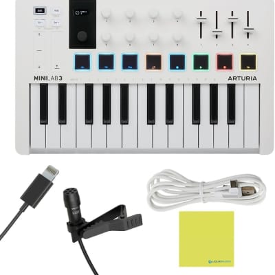 Arturia MiniLab 3 MIDI Keyboard Controller, Lavalier Omnidirectional Mic, USB Cable & Polishing Cloth- 25 Key MIDI Keyboard Recording Studio Equipment, Software Included (Lav Mic Lightning Connector)