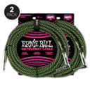 Ernie Ball 10' Braided Straight / Angle Instrument Cable - Black / Green ( 2 Pack Bundle )