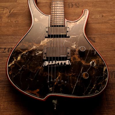 Guitarporn - This is insane! Zerberus Nemesis model with a top made of 0.2" real Black&Gold Marble image 5