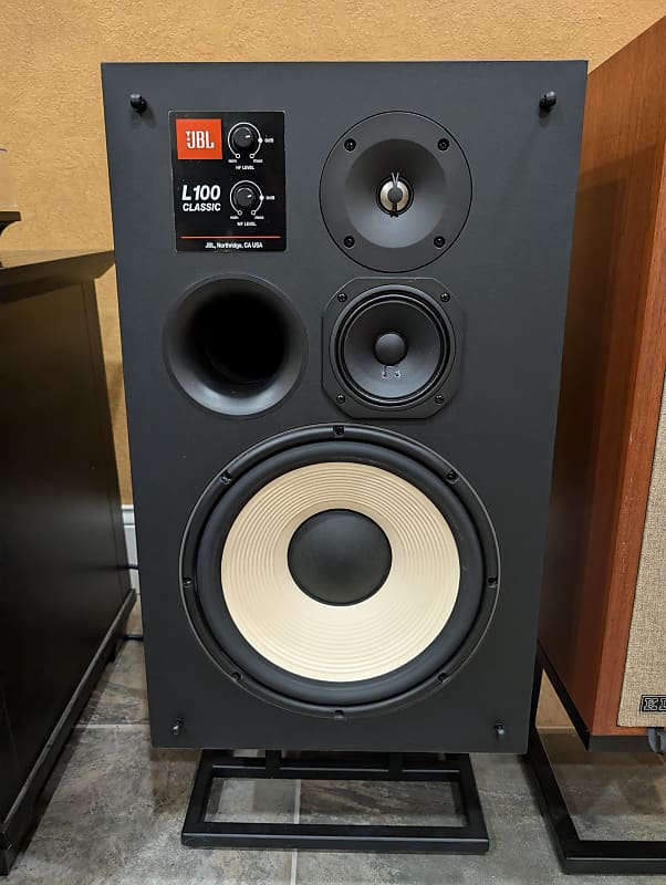 Pair of JBL L100 Classic 3-Way Speakers – Blue or Black Grilles – Vintage Look, Modern Sound (Open Box)  			