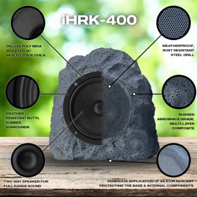 iHome IHRK-400-PR Wireless Rechargeable Stereo System IPX5 Waterproof All Weather Outdoor Bluetooth Nature Slate Rock Pool Garden 4" Inch 20W Watt Landscape Rock Speakers Pair image 2