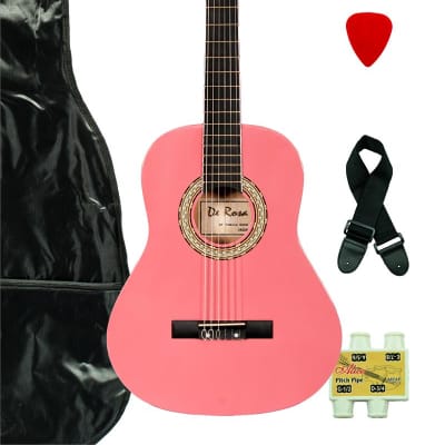 De Rosa DKF36-PK Kids Classical Guitar Outfit Pink w/Gig Bag, Strings, Pick, Pitch Pipe & Strap for sale