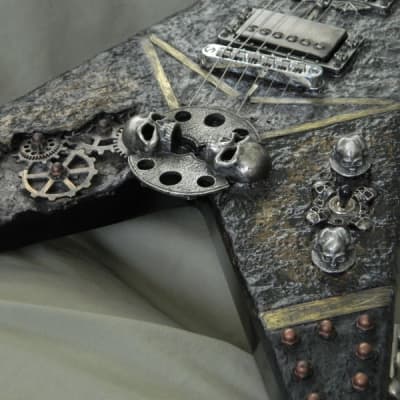 Steampunk Skull B.C. Rich junior V Guitar hand sculpted top handmade skull hardware flying v image 9