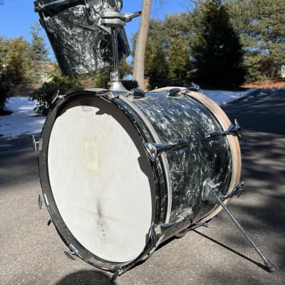 1967-68 Slingerland Jazz set Bop Kit 18” Bass drum & 10” concert from Modern Combo 75N tom 3-ply maple/poplar/mahogany shells with re-rings with Setomatic tom post BDP Black Diamond Pearl image 5