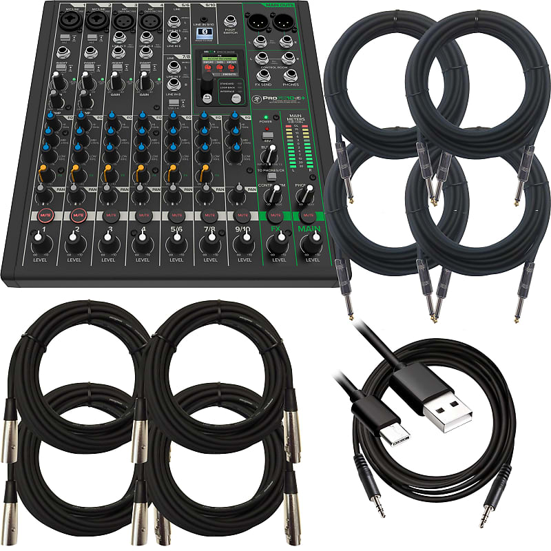 Mackie ProFX10v3+ 10 Channel Mixer CABLE KIT Reverb