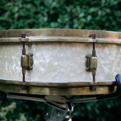 Vintage 1920s Leedy 'Full Dress' 14x4 Snare Drum in White Marine Pearl image 5