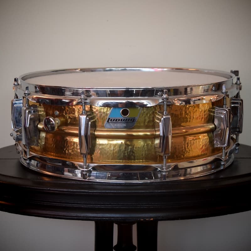 Ludwig No. 550K Hammered Bronze 5x14" Snare Drum with Rounded Blue/Olive Badge 1982 - 1984 image 1
