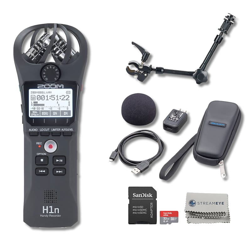 Zoom H1n-VP Handy Recorder Value Pack with Zoom HRM-11 Handy Recorder  Mount, 5x AAA Batteries, SanDisk 32GB microSD Card and StreamEye Polishing  Cloth