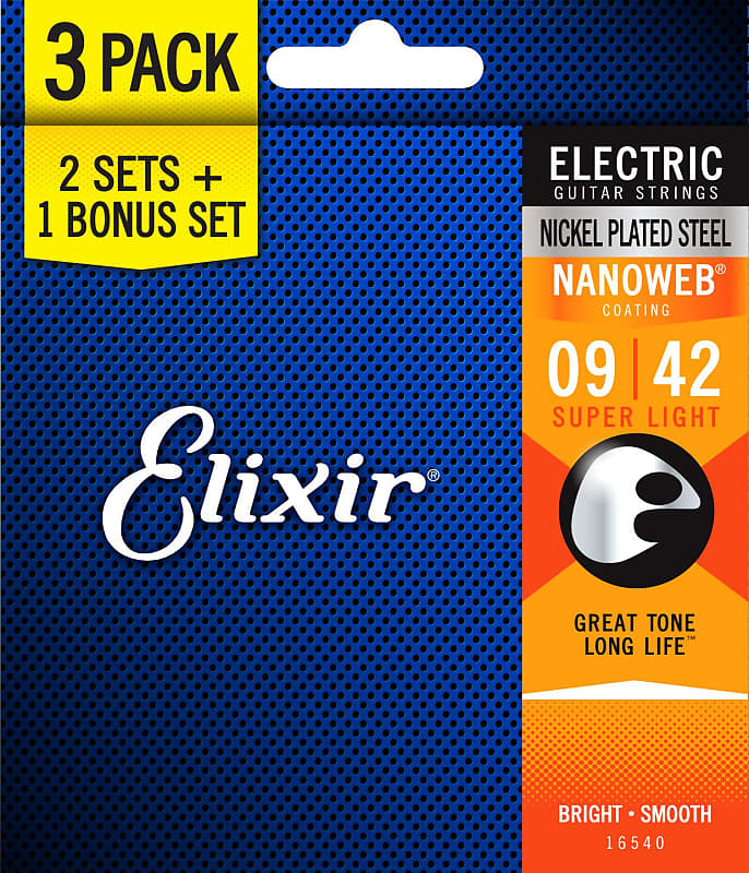 Elixir Strings 16540 Nanoweb Electric Guitar Strings - .009-.042 Super Light 3-pack image 1