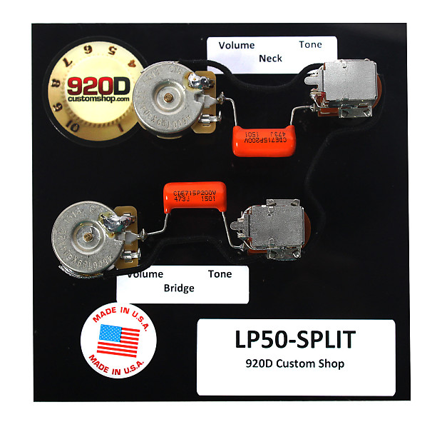 920D Custom Shop LP50-SPLIT Les Paul Wiring Harness w/ Coil Spits, Orange Drop Caps, Long Shaft CTS pots image 1