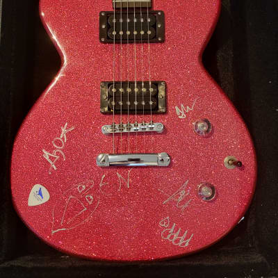 Pigeons Playing Ping Pong signed guitar Daisy Rock Pink Sparkle for sale