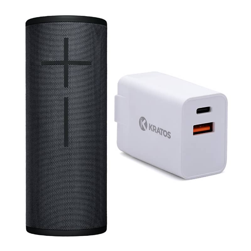 Ultimate Ears MEGABOOM 3 Wireless Bluetooth Speaker (Night Black) with included Cable with Wall Plug bundled with Kratos Power 30W PD Two-Port Power Adapter image 1