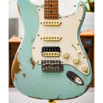 Luxxtone Choppa S Heavy Aging HSS-Sonic Blue w/Aged Parchment Pickguard & 1-Piece Roasted Flame Maple Neck for sale