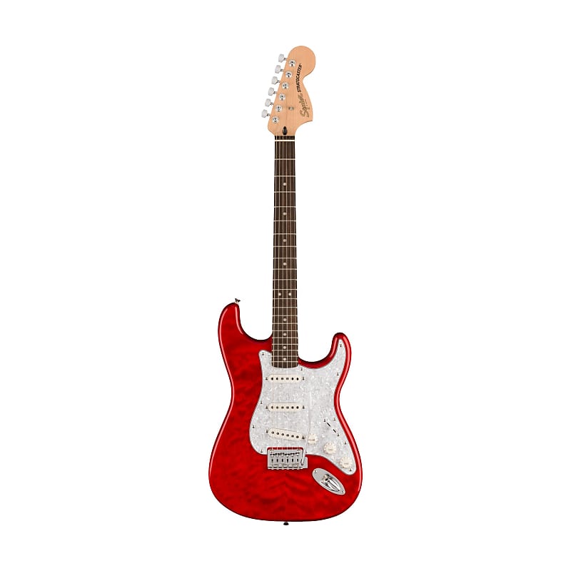 Squier FSR Affinity Series Stratocaster QMT Electric Guitar, Laurel FB,  Crimson Red Transparent