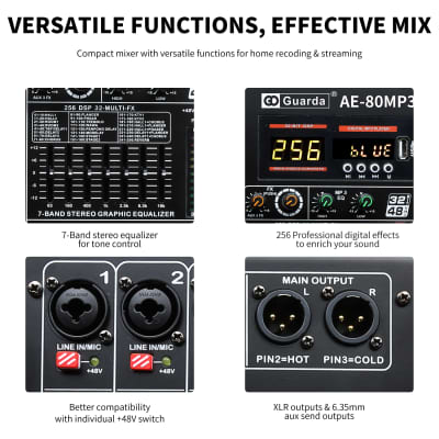 Audio Mixer, 8 channels with 256 DSP Effects, 7-band EQ,Independent 48V Phantom Power&Mute Button,Bluetooth Function,USB Interface Recording For Studio & Stage (AE80) image 5