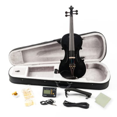 Glarry GV102 4/4 Solid Wood EQ Violin Case Bow Violin Strings Shoulder Rest Electronic Tuner Connecting Wire Cloth 2020s - Black image 7