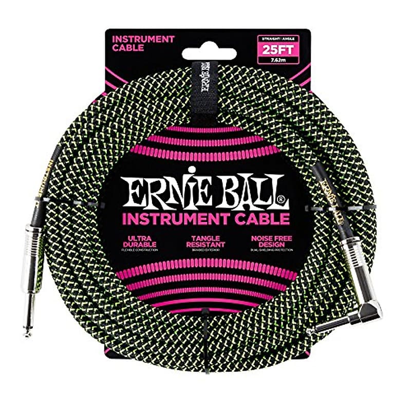 Ernie Ball 6066 Instrument Cable, 25', Braided Black/Green image 1