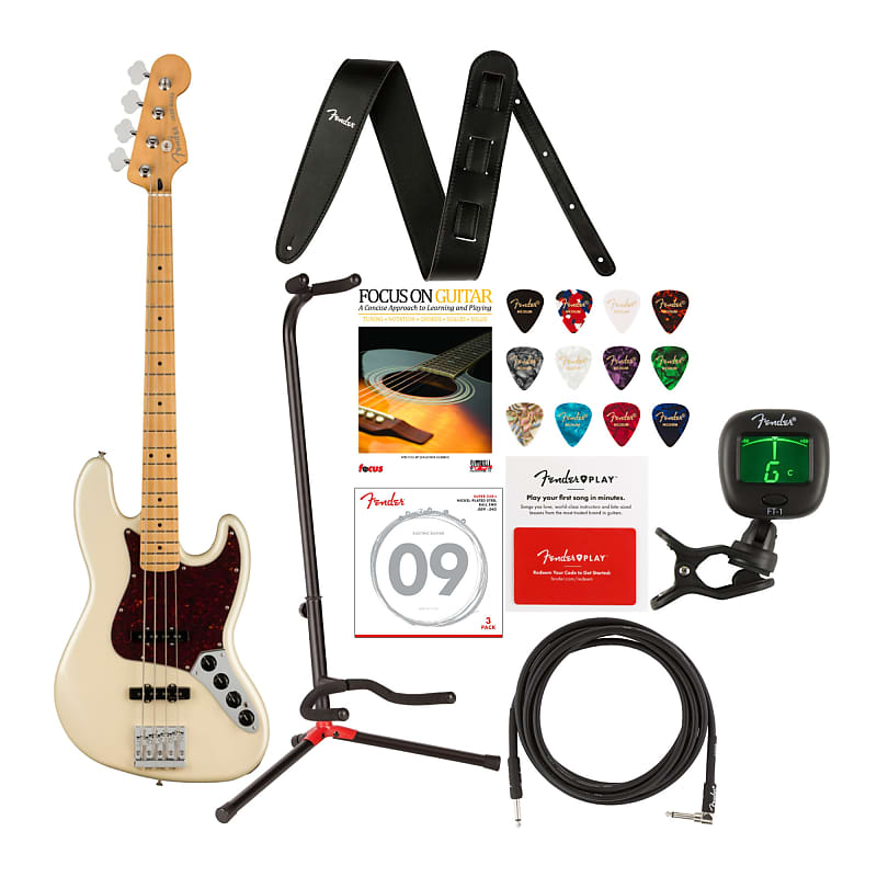 Fender Player Plus 4-String Maple FB Jazz Bass Guitar (Right-Handed,  Olympic Pearl) Bundle with Vegan Leather Strap, Cable, Tuner, Strings,  Adjustable