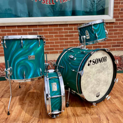 1960s Sonor Teardrop Drum Set Multi-Brilliant Turquoise Satin Flame Blue/Green 20/12/16/5x14 image 2
