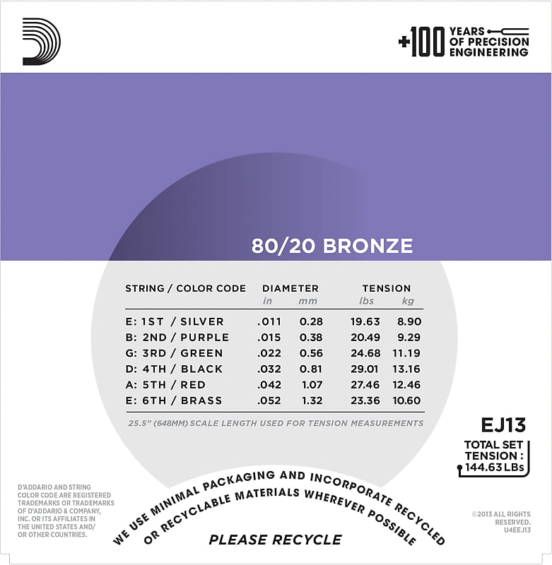 D'Addario EJ13 80/20 Bronze Acoustic Guitar Strings, Custom Light, 11-52