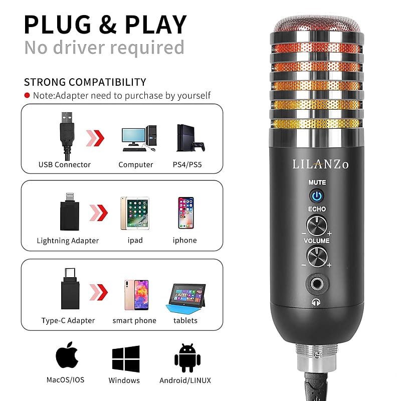  Professional USB Cardioid Condenser Microphone - Audio Mic  w/USB Cable, Built-in Pop Filter, Adjustable Desktop Stand - for Gaming  PS4, Streaming, Podcasting, Studio,  - PDMIUSB75 : Musical  Instruments