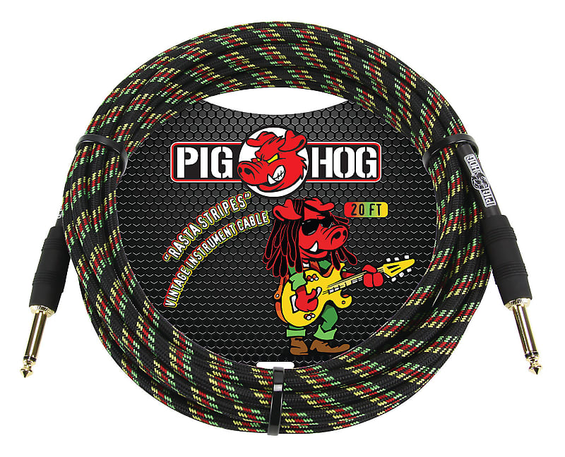 Pig Hog PCH20RA Vintage Series 1/4" TS Straight Instrument/Guitar Cable - 20' Rasta Stripes image 1