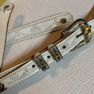 1" Gretsch Tooled Custom Padded Leather Guitar Strap White Jeweled ~50-55" image 4