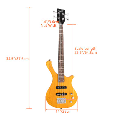 Glarry GW101 36in Small Scale Electric Bass Guitar Suit With Mahogany Body SS Pickups, Guitar Bag, Strap, Cable Transparent Yellow image 7