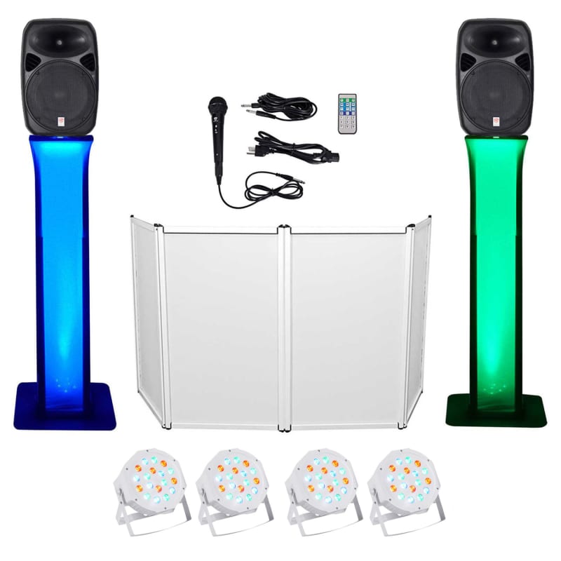 DJ Package w/ Dual 15 Bluetooth Speakers+Mic+Tripod+Totem Stands+Facade+  Lights | Reverb