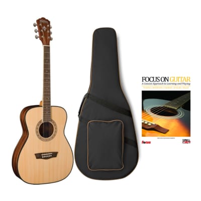 Washburn Apprentice F5 Series Folk Acoustic Guitar, Right (Natural) Bundle with Hard Case, Knox Gear Backpack Guitar Holder, and Lesson Book Bundle for sale