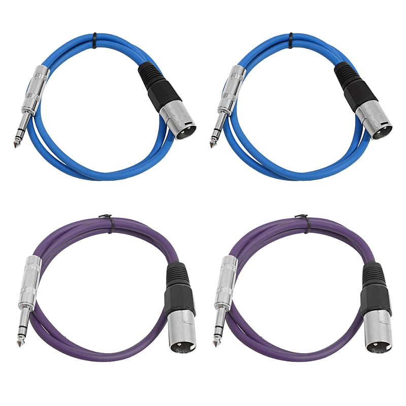 4 Pack of 1/4 Inch to XLR Male Patch Cables 2 Foot Extension Cords Jumper - Blue and Purple image 1