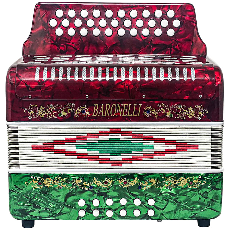 Baronelli Full Size 31 Button 12 Bass Accordion, GCF, Red/White/Green image 1
