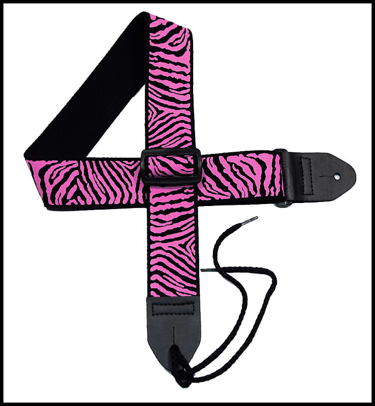 Legacystraps  Zebra  2" Cotton Guitar Strap with Neon Pink Zebra Stripes on a Black Strap image 1