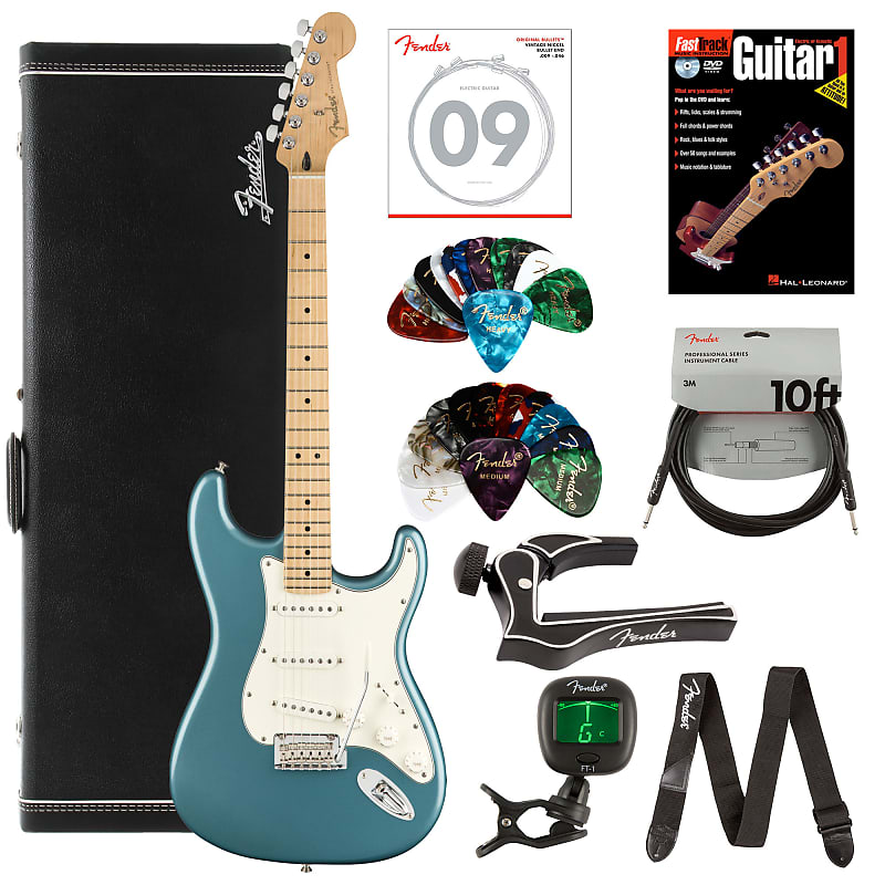 Fender Player Stratocaster, Maple - Tidepool Bundle with Hard Case, Cable, Tuner, Strap, Strings, Picks, Capo, Fender Play Online Lessons, and Austin Bazaar Instructional DVD image 1