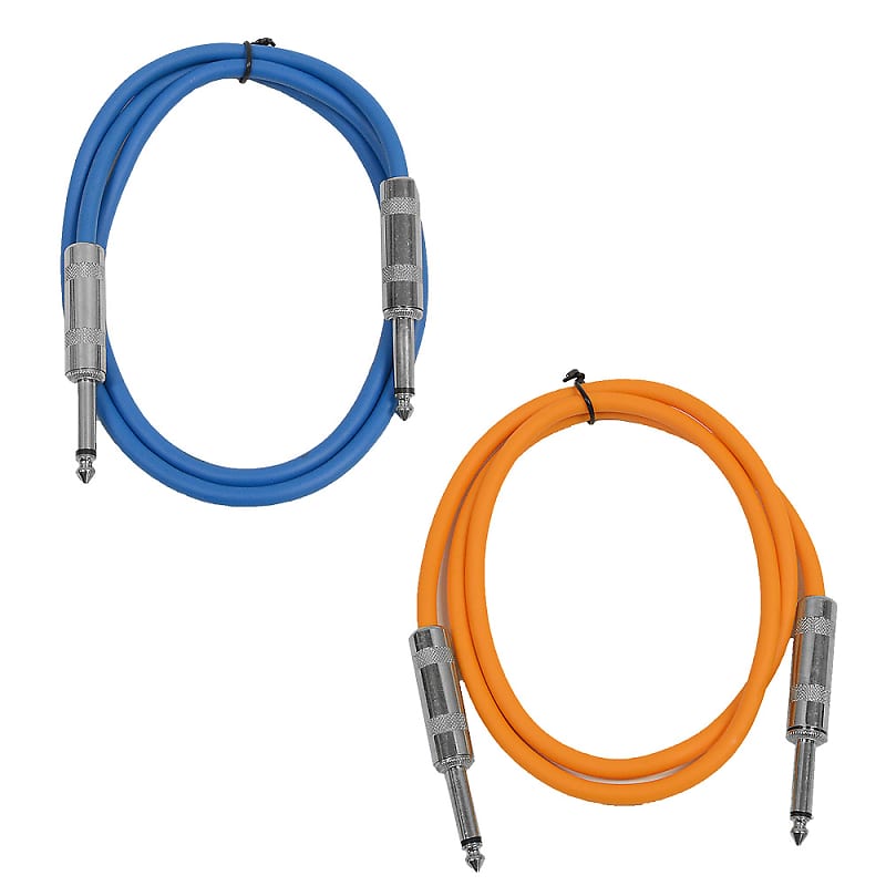 2 Pack of 3 Foot 1/4" TS Patch Cables 3' Extension Cords Jumper - Blue & Orange image 1