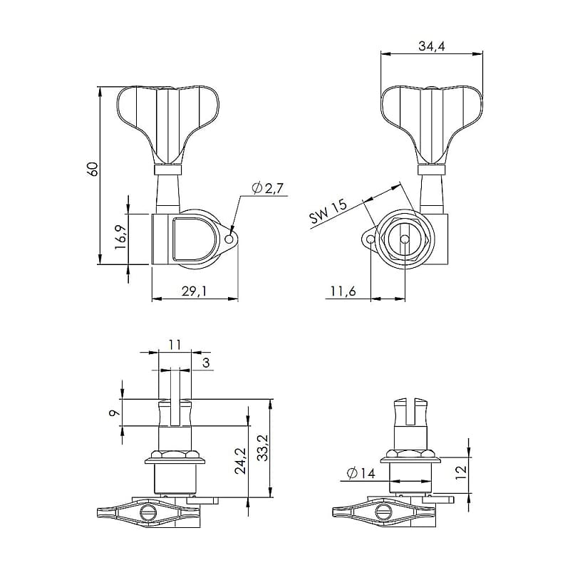 Schaller M4 90 Light Bass Tuners 2 x 2 (Chrome)