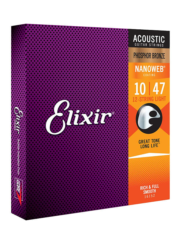 Elixir Strings Phosphor Bronze 12-String Acoustic Guitar Strings w NANOWEB Coating, Light (.010-.047) image 1