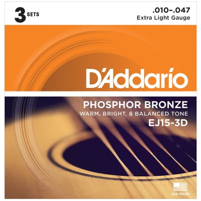 D'Addario EJ15-3D Acoustic Phosphor Bronze Extra Light 10-47 3-Pack