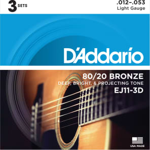 D'Addario EJ11 80/20 Bronze Acoustic Guitar Strings - Light (12-53) 3 Sets